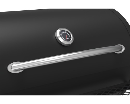 Vue détaillée d''un barbecue noir avec thermomètre et poignée