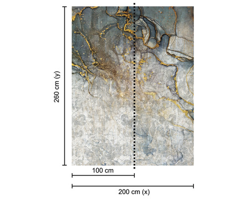 Doppelte Tapetenbahn mit abstraktem Marmormuster und Größenangaben