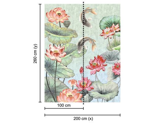 Fototapete mit Lotusblüten und Fischen, Abmessungen 200 mal 260 Zentimeter