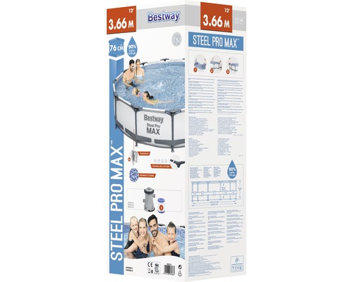 Emballage de piscine Bestway Steel Pro Max avec photo de famille dans la piscine et informations sur les pompes de filtration