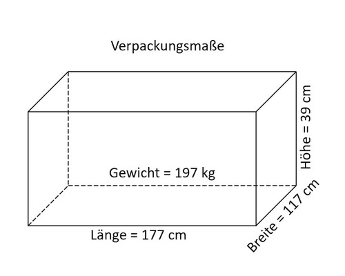 Verpackungsmaße: Länge 177 cm, Breite 117 cm, Höhe 39 cm, Gewicht 197 kg