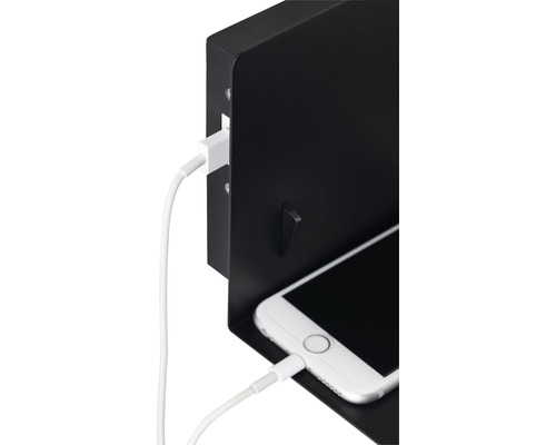Étagère murale noire avec smartphone et câble de chargement