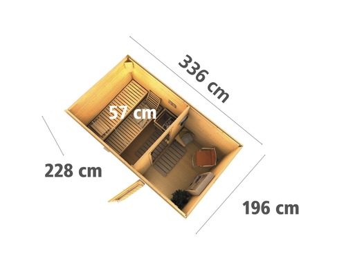 Vue de dessus d''un sauna en bois avec des dimensions de 336 cm sur 228 cm sur 196 cm