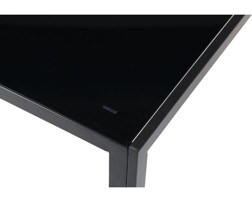 Detailansicht eines Tisches mit Tischplatte aus gehärtetem Glas