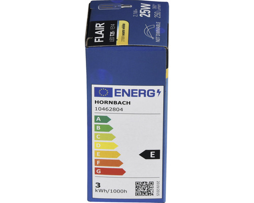 Verpackung einer Flair LED Lampe T25 E14 nicht dimmbar