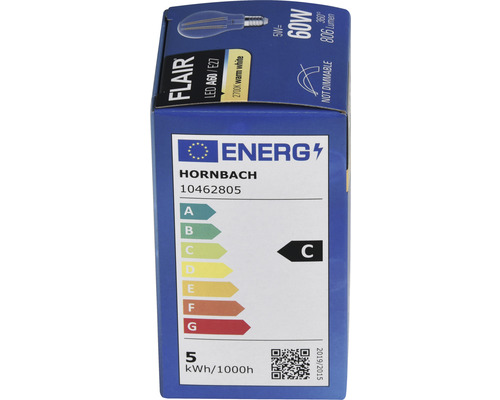 Emballage d''une ampoule LED Flair A60 E27 de 5 watts, équivalent à 60 watts, blanc chaud 2700 kelvins et classe d''efficacité énergétique C