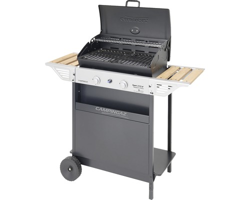 Barbecue à gaz Campingaz avec deux brûleurs, étagères et chariot