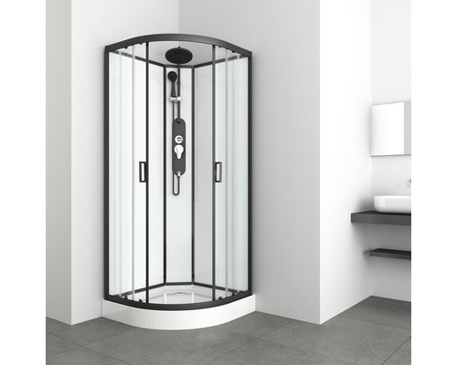 Eckdusche mit schwarzem Rahmen und Duschpaneel im Badezimmer