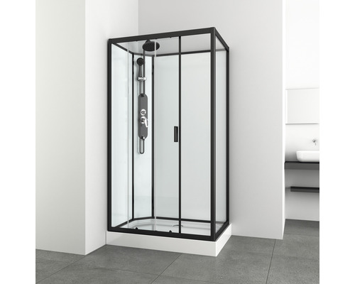 Eckdusche mit schwarzem Rahmen und Duschsäule