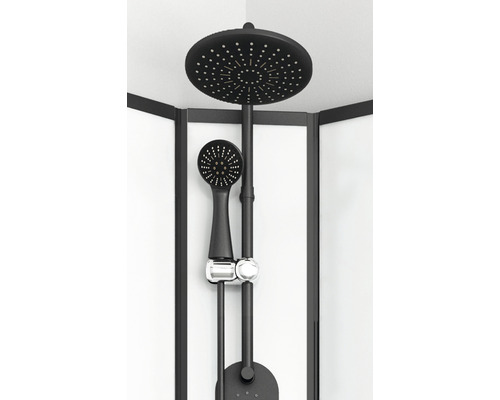 Schwarze Duschgarnitur mit Kopf- und Handbrause in einer Duschkabine.