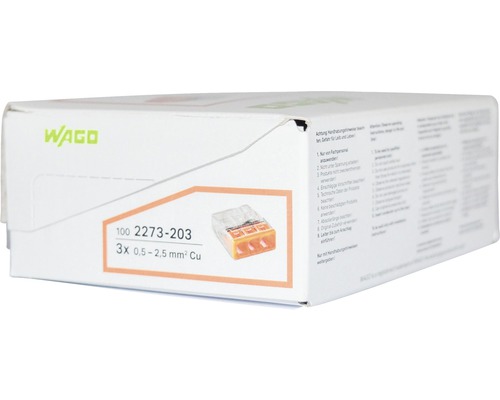 Wago Logo, Verbindungsklemmen-Verpackung mit der Aufschrift 2273-203