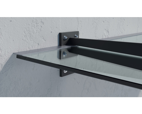 Glasvordach mit Metallrahmen und Wandbefestigung