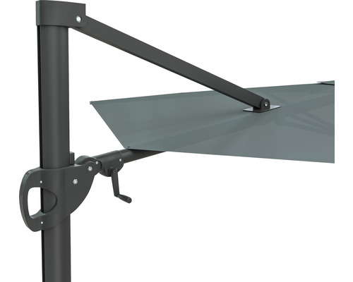 Detailansicht eines grauen Ampelschirms mit Kurbelmechanismus