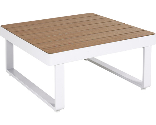 Quadratischer Beistelltisch mit Holzstrukturplatte und weissem Metallgestell