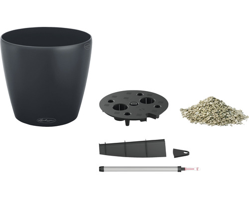 Composants d''un pot de fleurs avec système d''irrigation, comprenant un pot, un insert, un substrat, un indicateur de niveau d''eau et une ouverture de remplissage