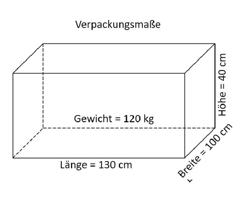 Verpackungsmaße mit Länge 130 cm, Breite 100 cm, Höhe 40 cm und Gewicht 120 kg