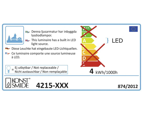 Energielabel mit Informationen zur eingebauten LED Lichtquelle und dem Hinweis, dass diese nicht austauschbar ist