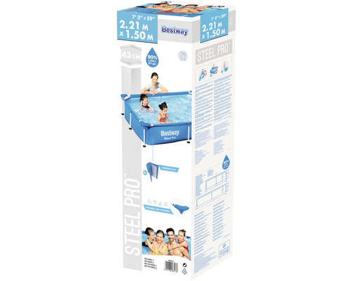 Emballage de piscine Bestway Steel Pro avec des informations sur la taille et la capacité