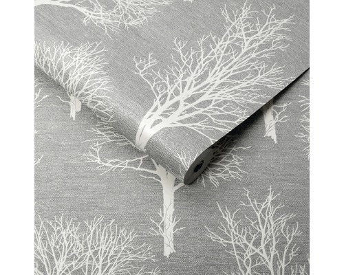 Papier peint gris avec motif d''arbres blancs pour la décoration murale.