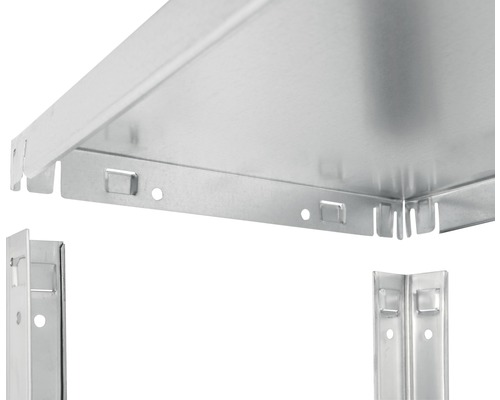 Detailansicht eines Regalsystems aus Metall, das die Montage der Regalböden zeigt