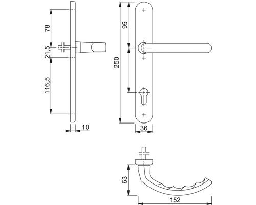 Schéma technique d''une poignée de porte avec dimensions