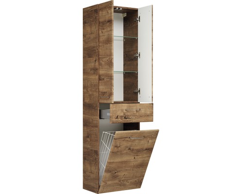 Armoire haute avec porte, tiroir, bascule à linge et étagères en verre