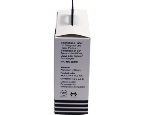 Verpackung einer Smartphone Halterung für das Auto mit Saugnapf und Klebepad