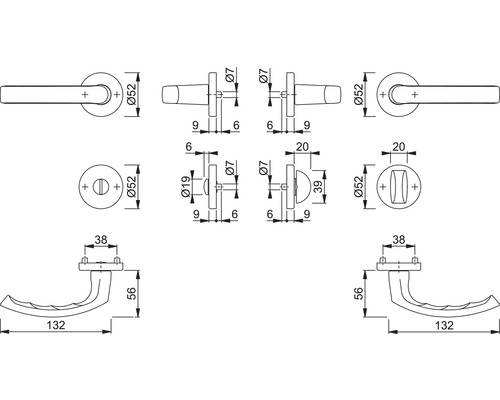Schéma technique d''une poignée de porte avec dimensions