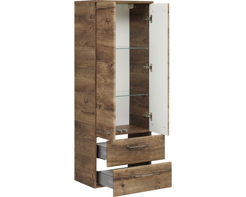 Badezimmerschrank mit zwei Schubladen, einer Tür und Glasböden