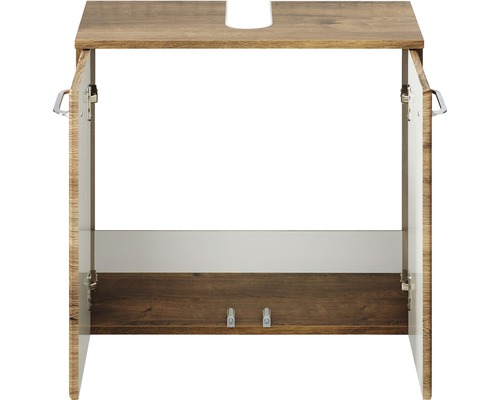 Meuble sous-vasque en bois avec portes ouvertes et une étagère