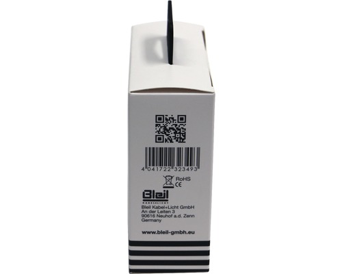 Verpackung eines Kabels mit QR-Code, Barcode, Recycling Symbol, RoHS Zeichen, CE Zeichen und Bleil Logo