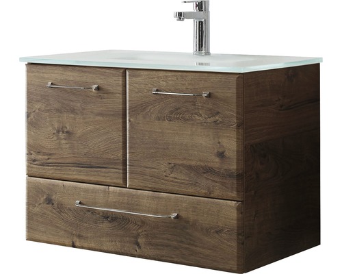 Waschtischunterschrank mit zwei Türen, einer Schublade, einem Waschtisch aus Glas und einem Wasserhahn