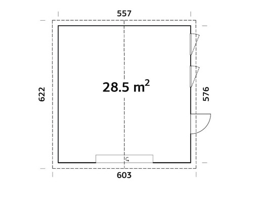 Plan avec les dimensions d''un abri de jardin d''une superficie de 28,5 mètres carrés