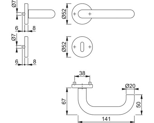 Technische Zeichnung eines Türdrückers mit Rosette und eines Winkelgriffs mit Maßangaben
