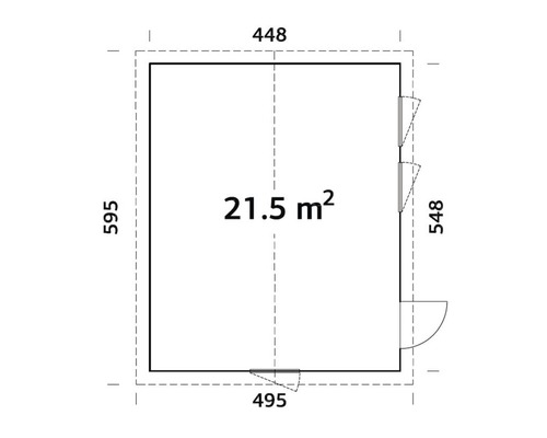 Plan d''un abri de jardin avec dimensions et une superficie de 21,5 mètres carrés.