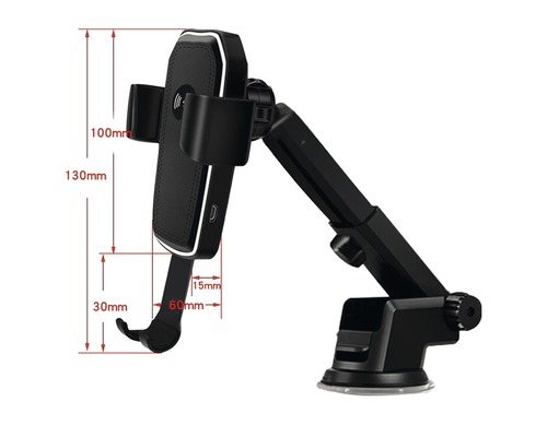 Support de téléphone de voiture noir avec ventouse et dimensions.