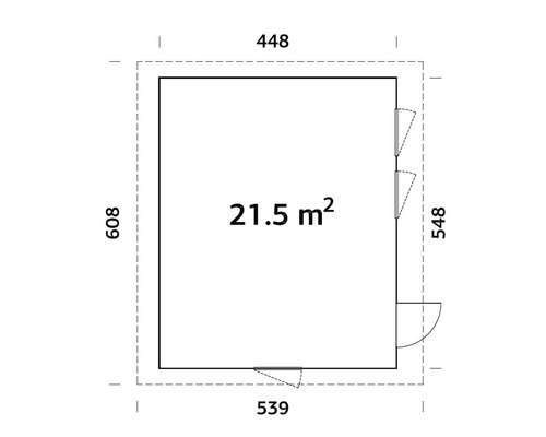 Plan d''un abri de jardin avec des dimensions de 448 x 539 x 608 x 548 centimètres et une surface de 21,5 mètres carrés