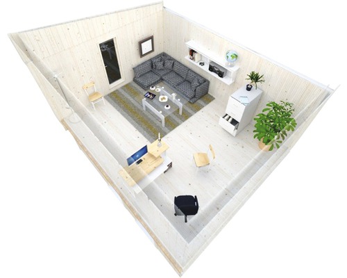 Pièce lumineuse avec canapé, table, étagères, bureau et chaise de bureau