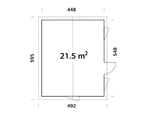 Plan avec les dimensions 448, 595, 492 et 548, superficie 21,5 mètres carrés
