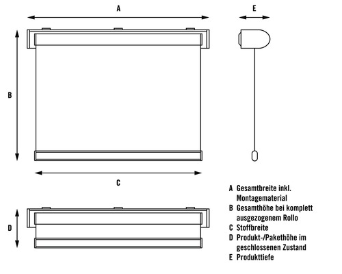 Technische Zeichnung eines Rollos mit Massangaben.