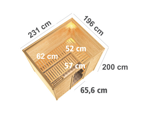 Draufsicht einer Sauna mit Größenangaben