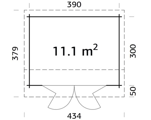 Plan avec les dimensions 390, 379, 300, 50 et 434 ainsi que l''indication 11,1 mètres carrés