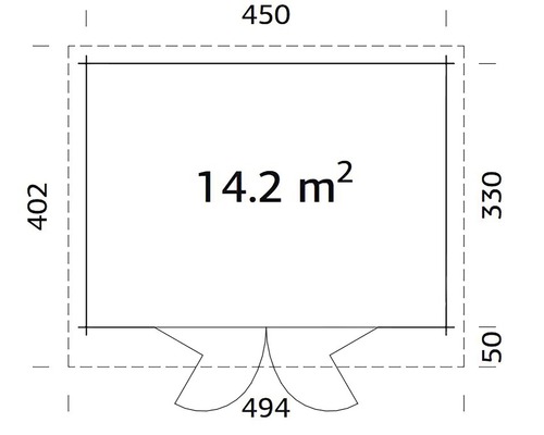 Plan avec indication de surface de 14.2 mètres carrés et indications de dimensions en millimètres