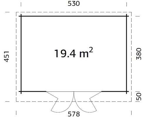 Grundrisszeichnung mit Abmessungen: 530 mal 451 cm, Fläche 19,4 Quadratmeter