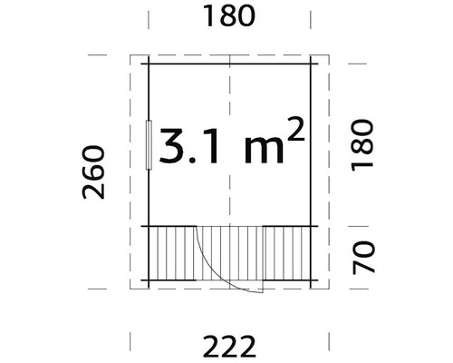 Plan d''un abri de jardin mesurant 222 x 260 centimètres avec une superficie de 3,1 mètres carrés.