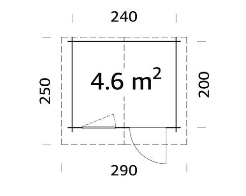 Plan d''un abri de jardin avec les dimensions 240 x 250 x 200 x 290 cm et une surface de 4,6 mètres carrés