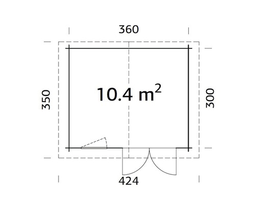 Plan d''un abri de jardin mesurant 360 x 350 x 300 et 424 centimètres, d''une superficie de 10,4 mètres carrés
