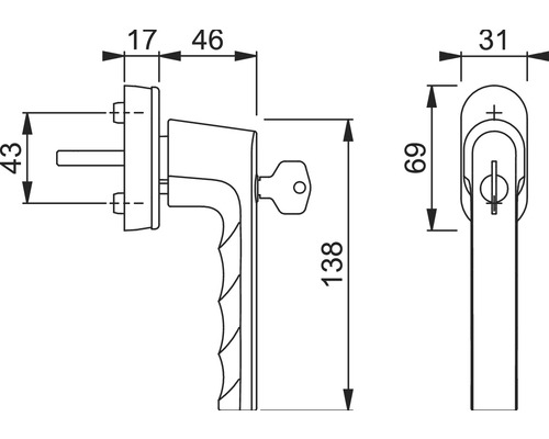 Dessin technique d''une poignée de fenêtre avec serrure et dimensions.