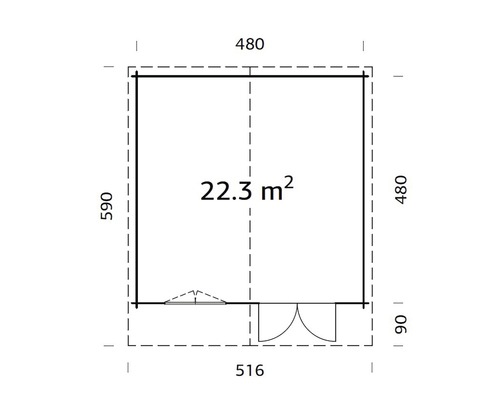 Plan d''un abri de jardin mesurant 516 x 590 centimètres et d''une superficie de 22,3 mètres carrés