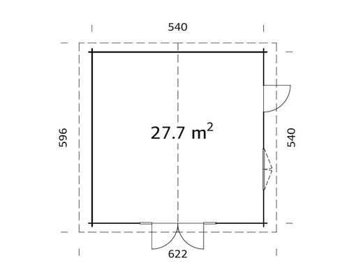 Grundriss eines Gartenhauses mit den Maßen 540 x 596 cm und einer Fläche von 27.7 m².